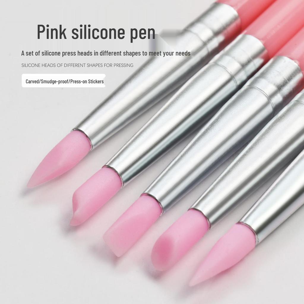 5-Piece Pink Silicone Nail Art Pen Set for Carving, Embossing, Gradient, and Mirror Powder Blending