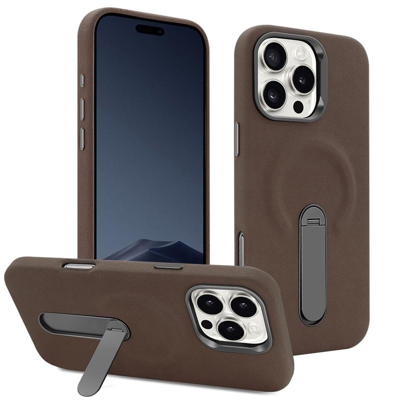 

Чехол из замши PU-кожи с MagSafe для iPhone 15 Pro /16 Pro Max Металлическая Alloy Линза 360° Вращающаяся Подставка Магнитная Крышка For iPhone 16 кофейный