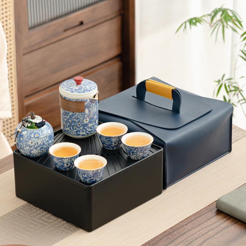 

Outdoor tea drinking travel tea set Flowering Ru kiln teapot Portable set Business gifts High-end storage bag