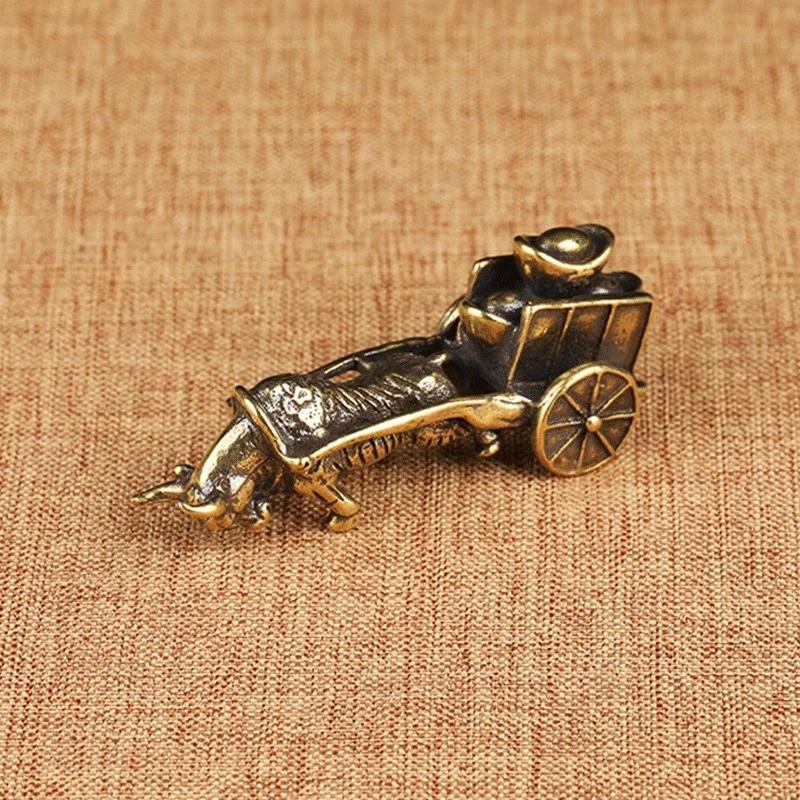 Retro Ornament Bull Pull Vehicle Figurines Pure Copper Chinese Folk Feng Shui Crafts Home Decoration Accessories Bring Good Luck
