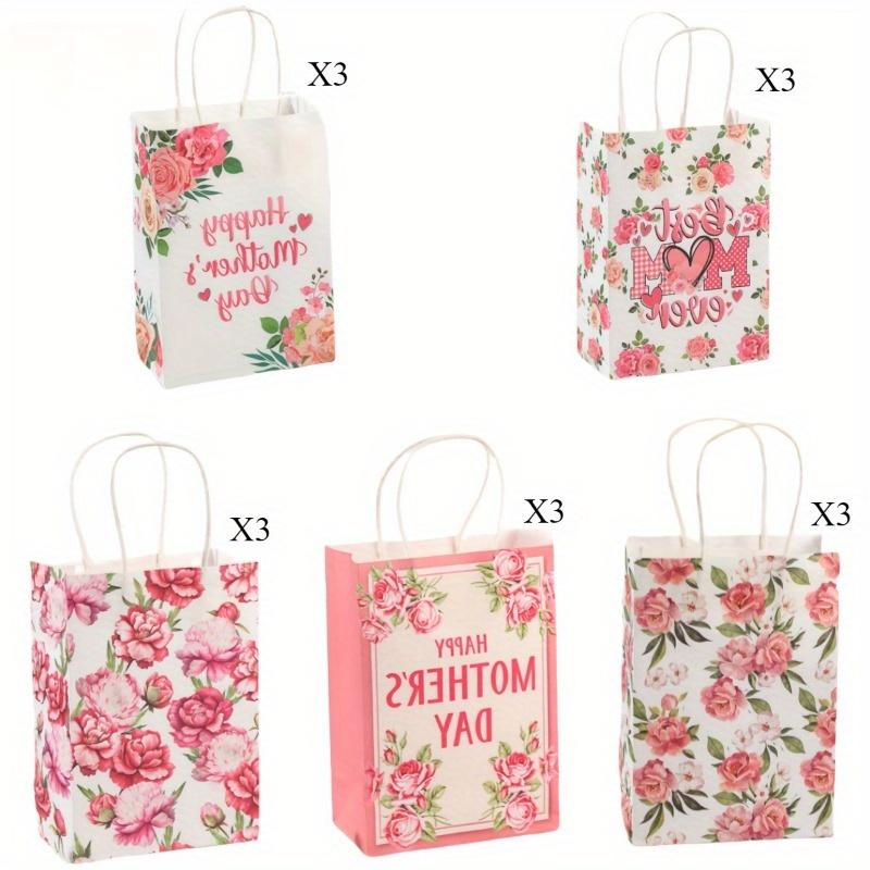 

15 шт. Подарочные пакеты с цветочным принтом ко Дню матери - Элегантный набор крафтовых пакетов-тоут с розовыми и белыми цветами, надписями С Днем матери и Лучшая мама на свете Pack of 15