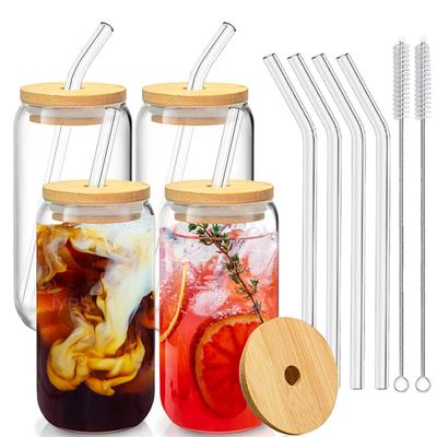 Glasbecher mit Strohhalm und Bambusdeckel Transparenter Bubble-Tea-Becher Kaltgetränkegläser Eiskaffee-Becher Bierdose Saft Milchbecher