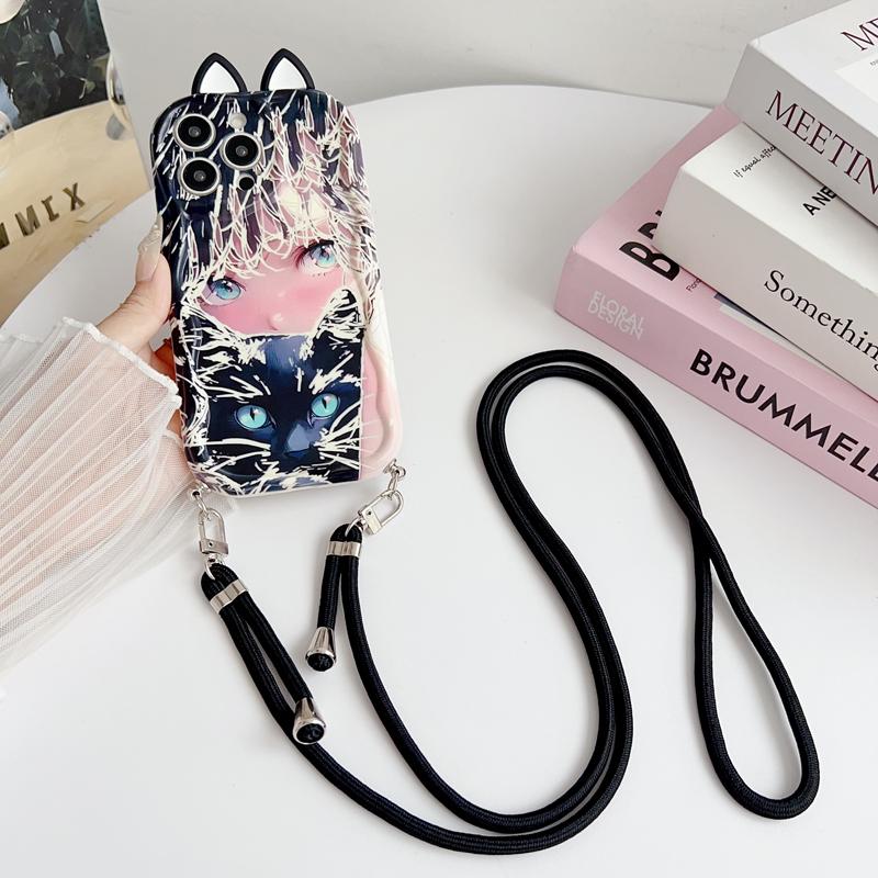For VIVO V21E V25 E V30E V29 V40 SE Lite Vivo X100 S Ultra X200 Pro MINI Crossbody Strap Cartoon Cat Girl Phone Case Ears Cute