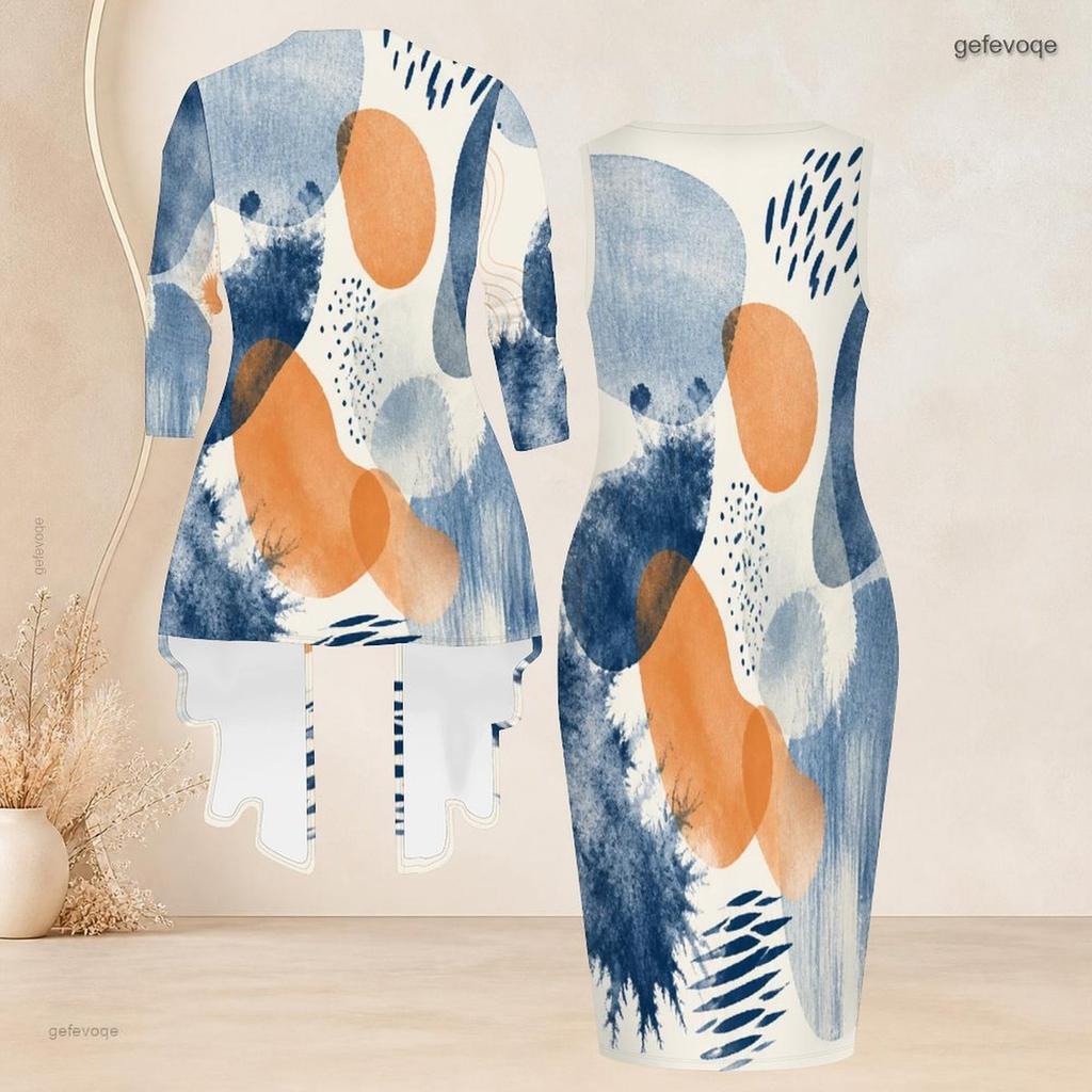 Women Plus Size Two Piece Set Printed Sleeveless Bodycon Dress 3 4 Sleeve Draped Cardigan