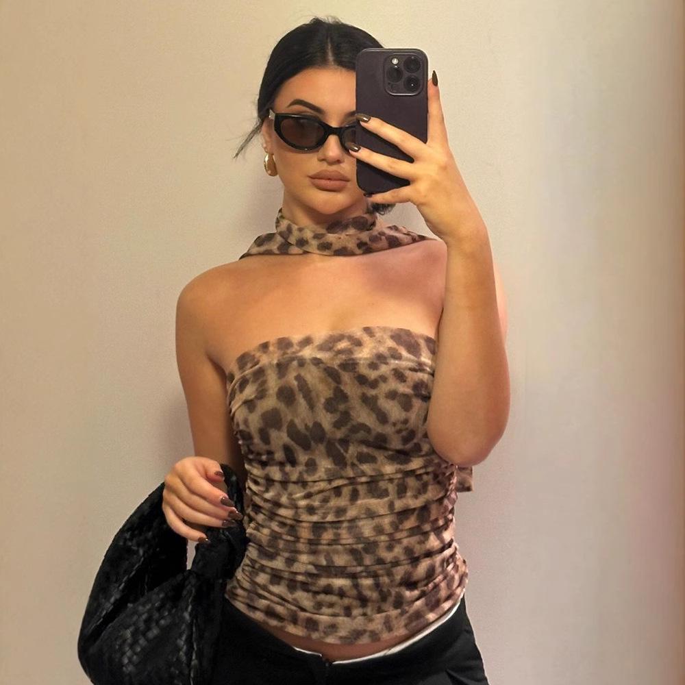 

European & American Style Leopard Print One-Shoulder Slim Fit Vest Extra Small (XS)