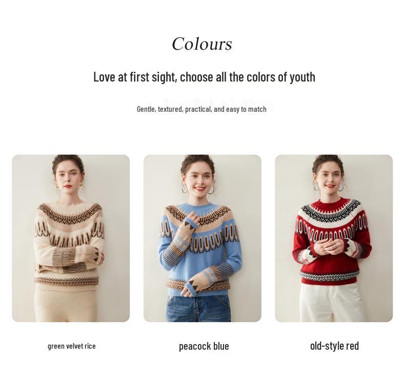 Artistic Retro Fair Isle Cashmere Sweater: 2025 Autumn/Winter Collection, Round Neck, Thick Knitwear, Loose Fit Fashion Base Layer