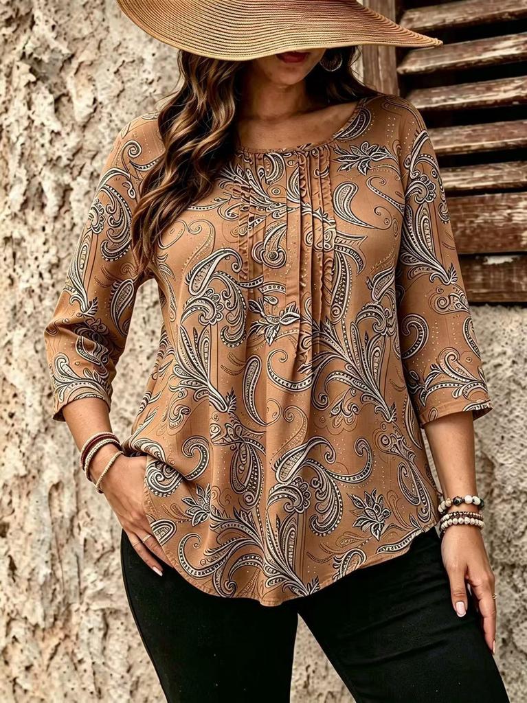 Bawełniany T-shirt z Długim Rękawem i Guzikami w Wzór Paisley dla Kobiet w Rozmiarach Plus