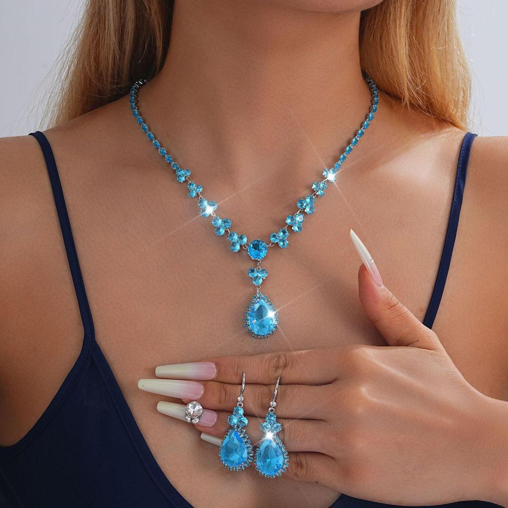 French Zirconia Water Drop Earring & Necklace Set - Elegant, Retro Clavicle Chain for a High-End Look