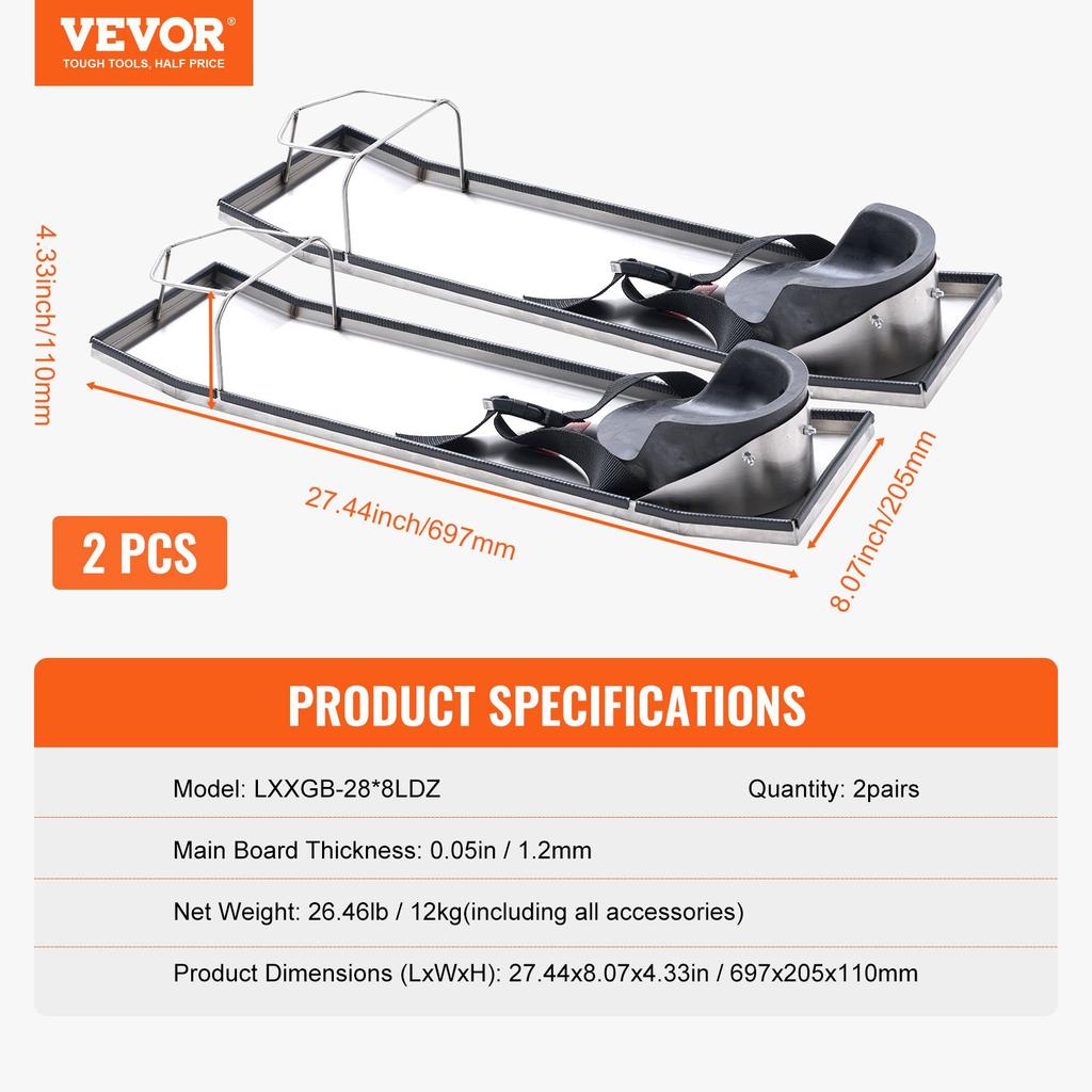 VEVOR Concrete Knee Boards Stainless Steel, 28'' X 8'' Concrete Sliders, 2 Pairs Concrete Knee Pads Moving Sliders