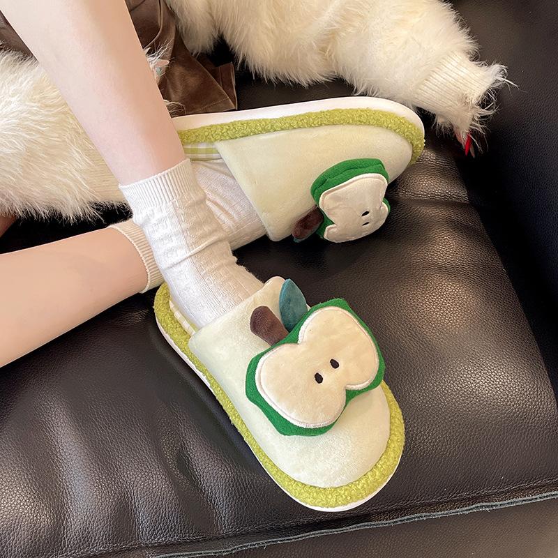 Pantoufles en coton pomme pour femmes automne et hiver nouvelles couples maison peluche chaude antidérapantes dessin animé moelleuses pantoufles de sol hommes