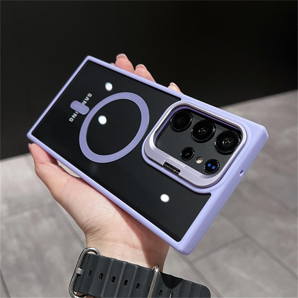 For Magsafe Transparent Magnetic Phone Case For Samsung S25 S24 S23 Ultra S22 Plus Luxury FoldLens Stand Holder Acrylic Cover