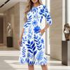 Women's Casual Fashion Round Neck Three Quarter Sleeve Floral Print Midi Dress Lightweight Comfortable Fit A-Line Silhouette