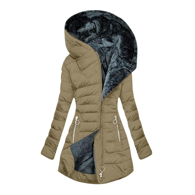 Warm Women Cotton Hooded Jacket Long Zipper Pockets Casual Outerwear