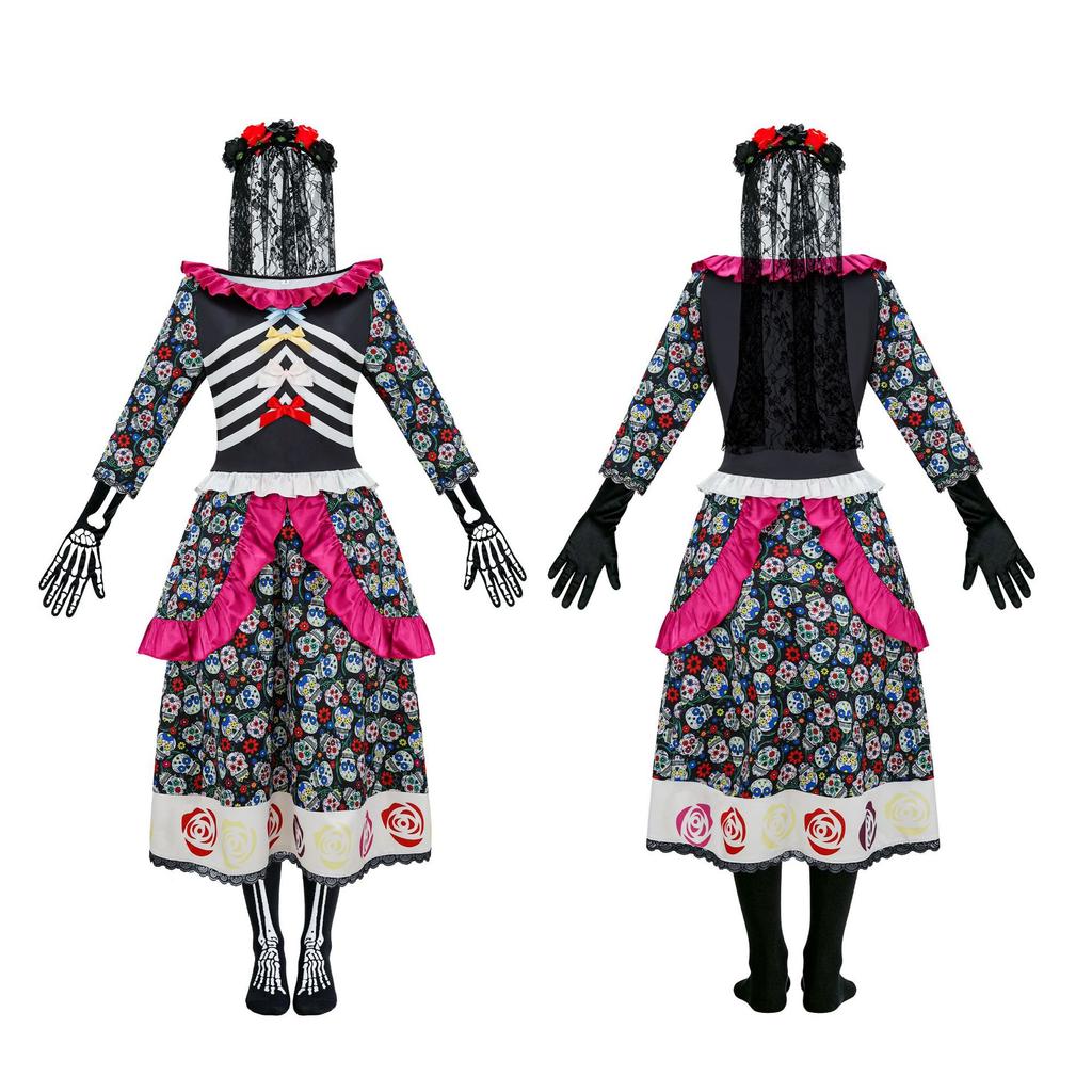 Ghost Bride Cosplay Costume Dress Mexican Day Of The Dead Colorful Flower And Rose Skull Print Horror Cosplay Halloween Costume