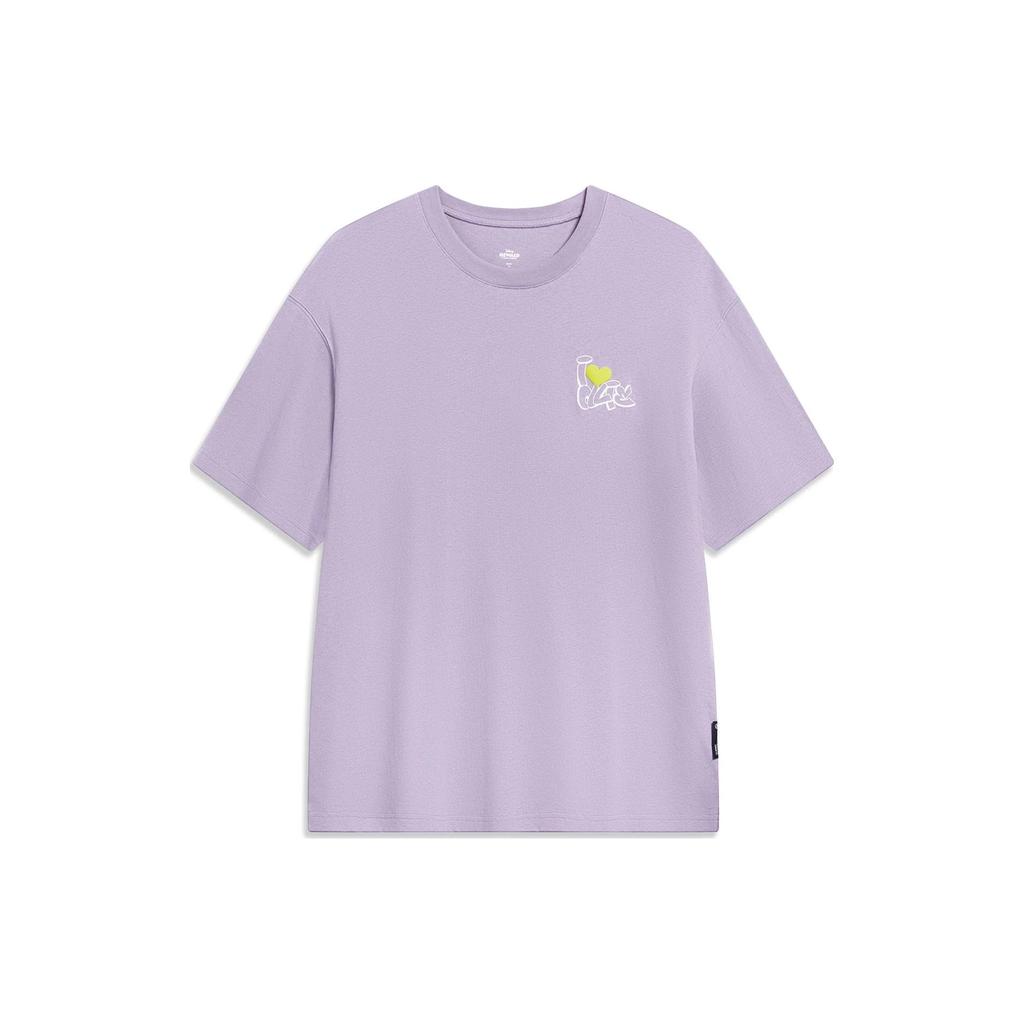 Lining X Disney Oswald Series Letter Print Cartoon Pattern Round Neck Loose Short Sleeve T-Shirt Unisex Tops Smoky-Purple AHST317-6