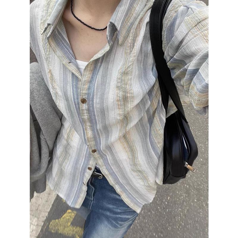 

Women s Retro Striped Linen Shirt - Spring/Autumn 2024 Thin Sun Protection Coat L