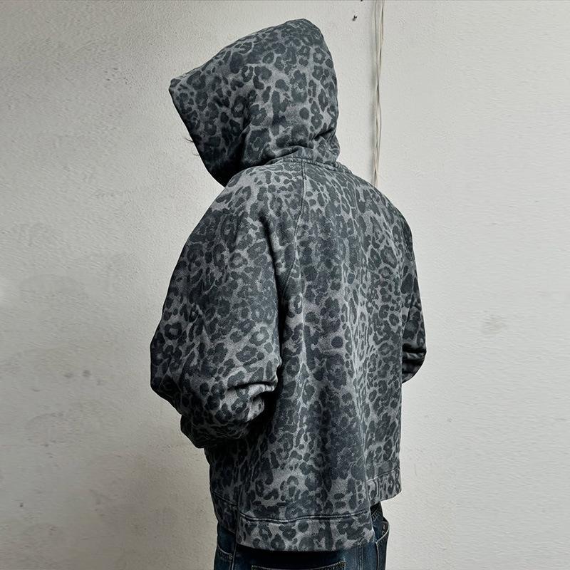 European and American autumn and winter retro loose trendy printed hooded zipper sweatshirt