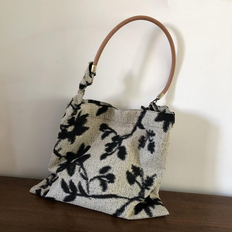 Vintage Ins Texture Black White Contrasting Jacquard Fabric Cowhide Rope Bag Underarm Shoulder Cosmetic Female