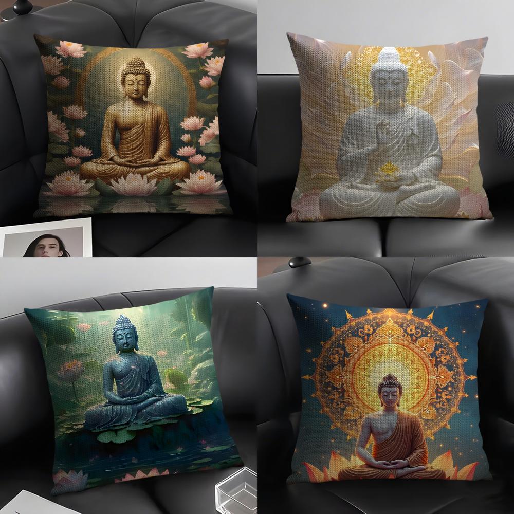 Buddha Statue And Lotus Cushion Cover Natural Linen Organic Fabric DoubleSided Printing Sofa Home Decor Gift Pillow Case