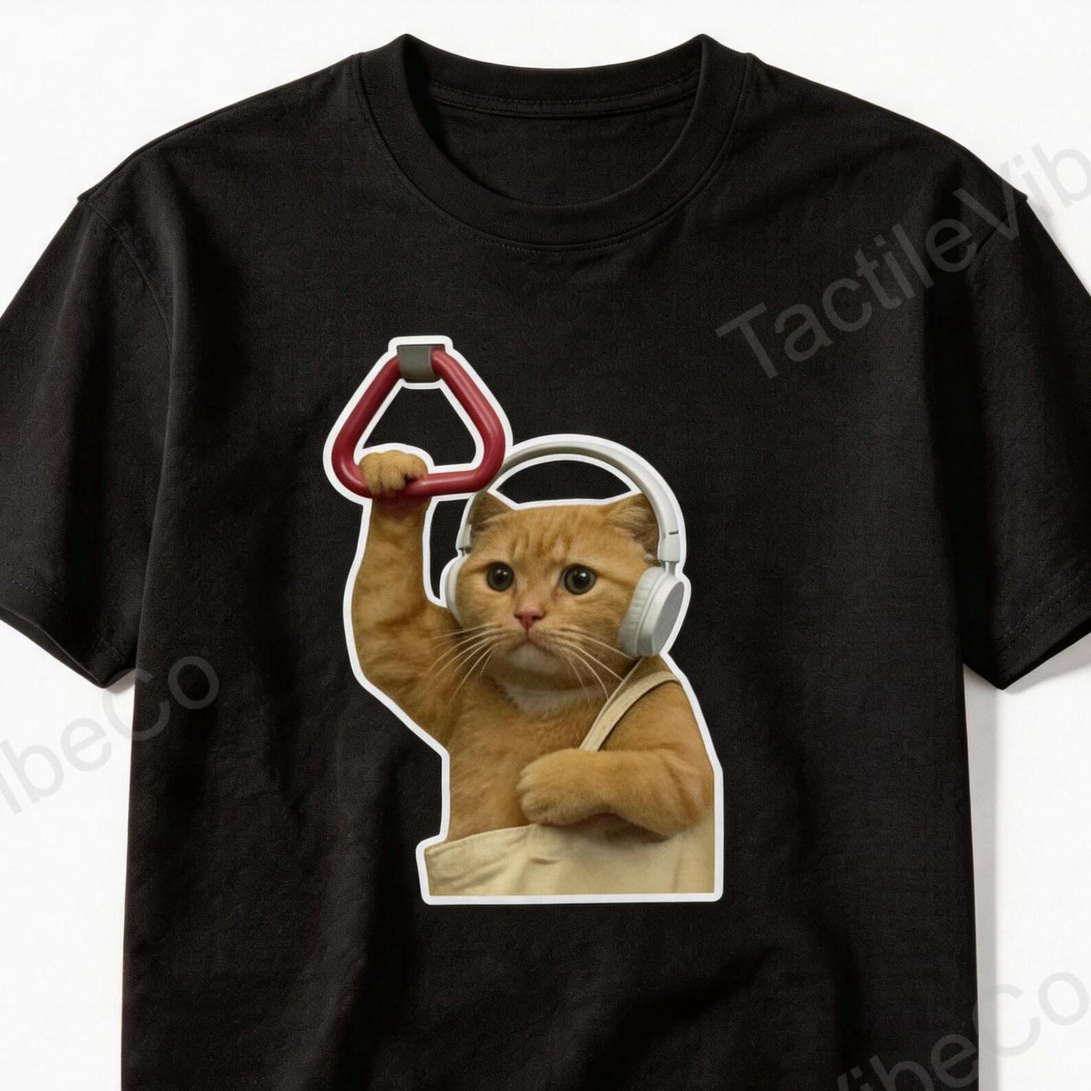 Subway Orange Cat Graphic T-Shirt, Cat With Headphones Holding Handrail Tee, Funny Commuter Cat Shirt, Pet Owner Tee, Funny Cat Lover Gift 3XL