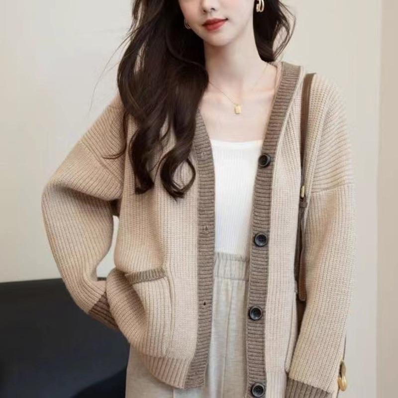 Lockerer Colorblock-Kapuzenpullover Damen Strickjacke Dicke Jacke