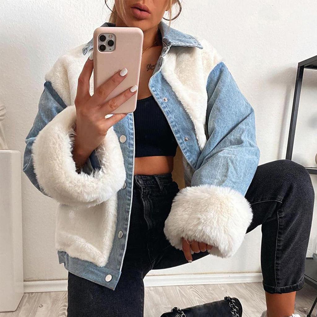 Moda Donna Casual Peluche Patchwork Cardigan Outerwear Giacca di Jeans Cappotto