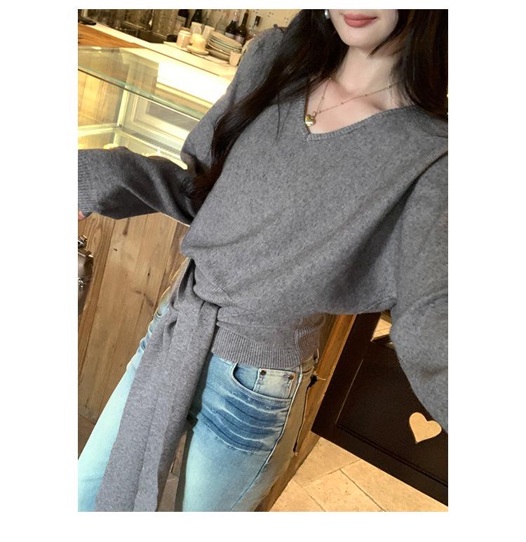 Light High-Waisted V-Neck Knit Sweater with Tie-Up for Women - Autumn/Winter Loose Slimming Trendy Top