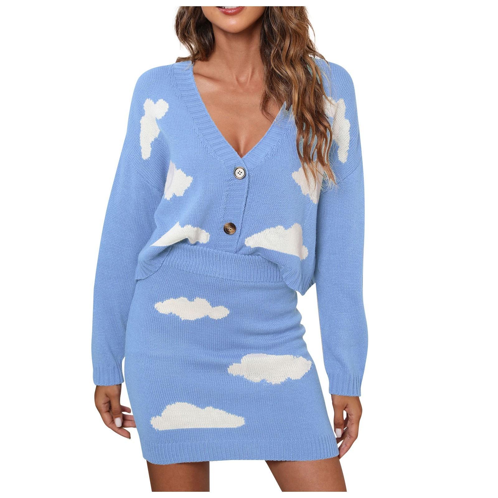 

Женский белый кардиган на пуговицах с облаками и ягодицами, свитер с длинными рукавами и короткая юбка, комплект XL