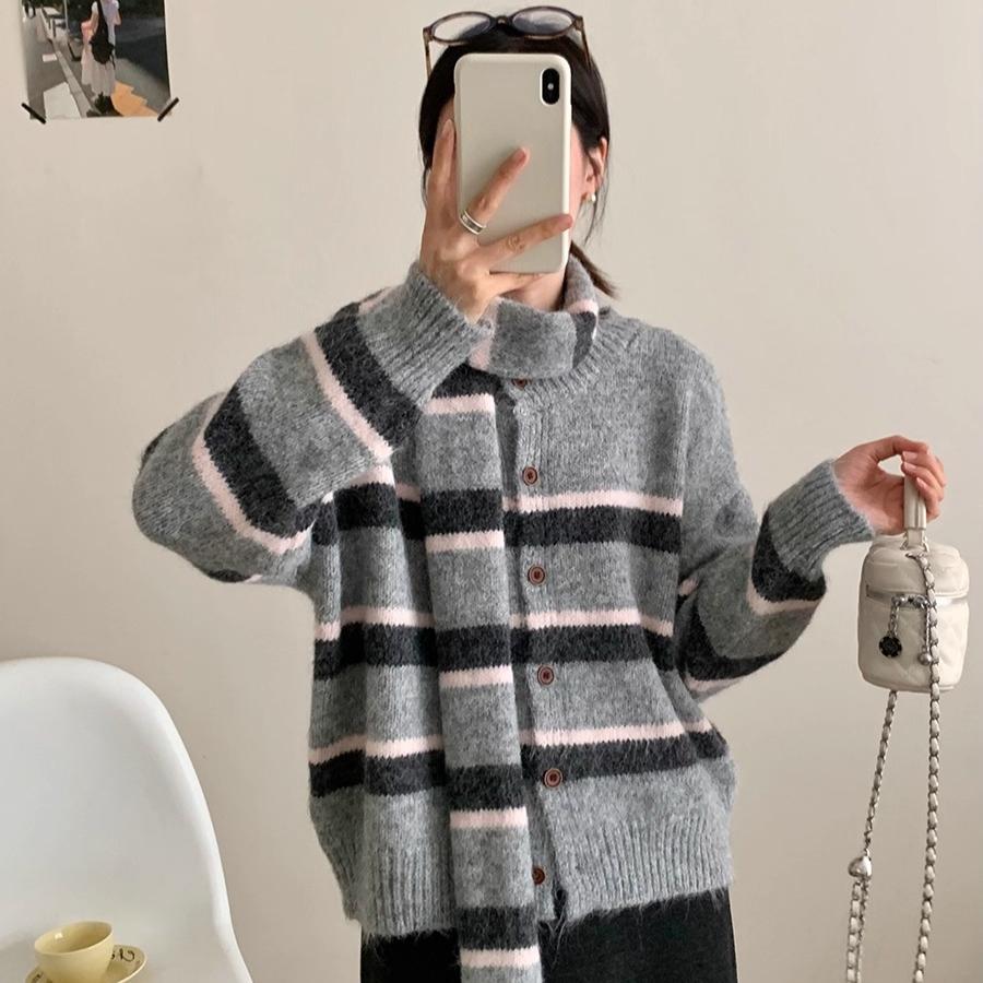 

DIMANAF 2025 Sweaters Cardigan Buttons Autumn Women Knitting Loose Striped With Scarf One size