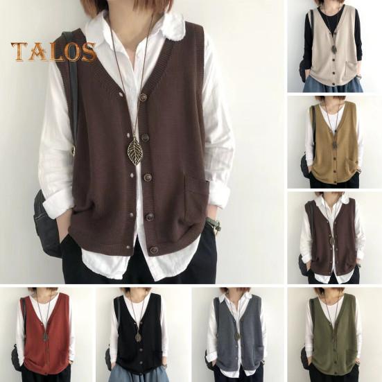 Damska kamizelka dziewiarska z dekoltem w serek, bez rękawów, jednorzędowa, ciepła, jednokolorowa, luźna, dzianinowa, bezrękawnik z kieszeniami