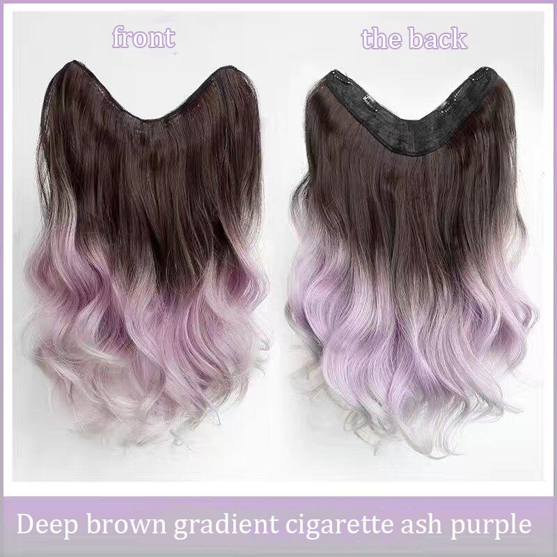 Gradient Wig Piece Dyed One Piece V-shaped Seamless Purple Gray Wig Piece Female Synthetic Clip Wig Suitable for Anyone