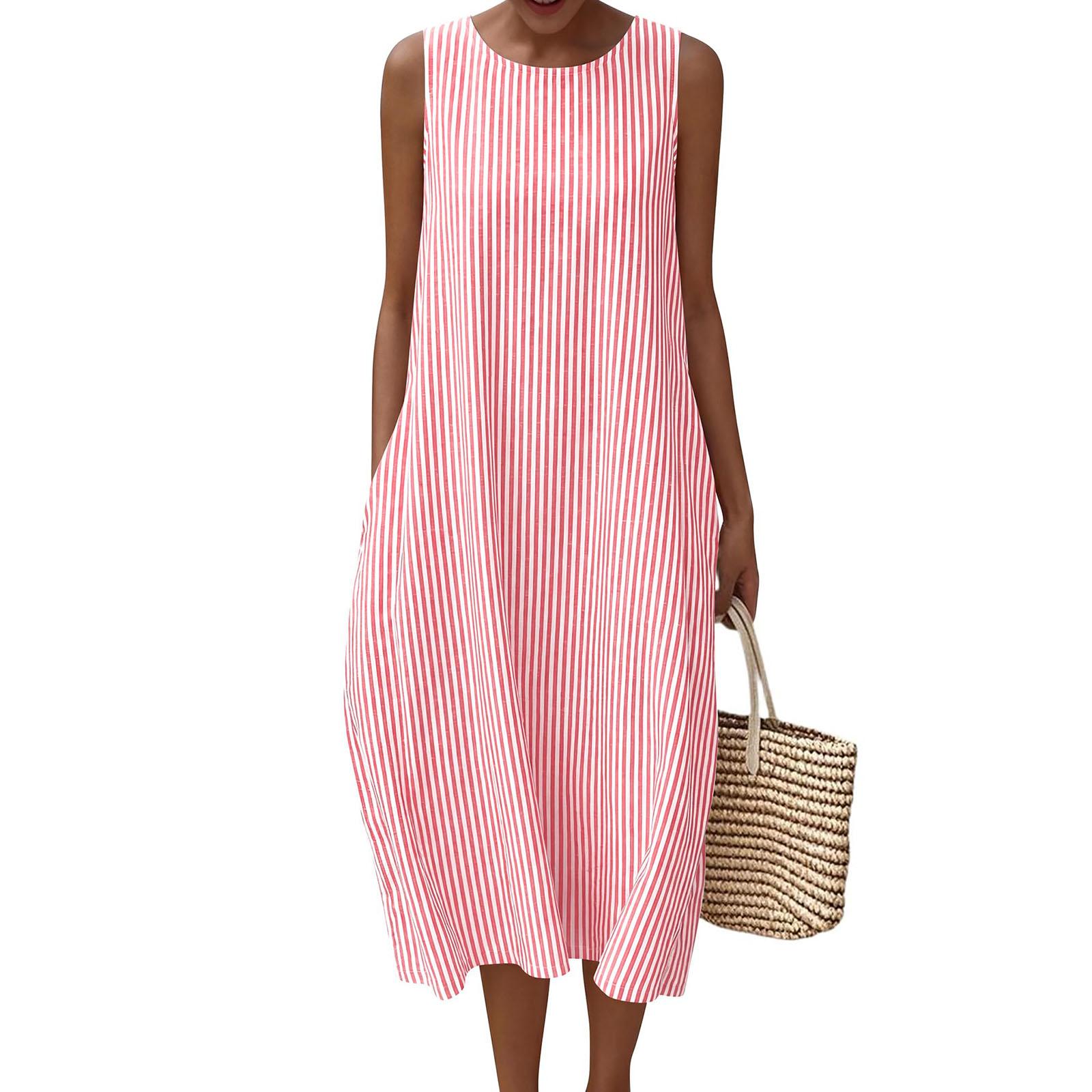 

Women s Fashion Casual Striped Print Sleeveless Round Neck Vest Dress L рожевий