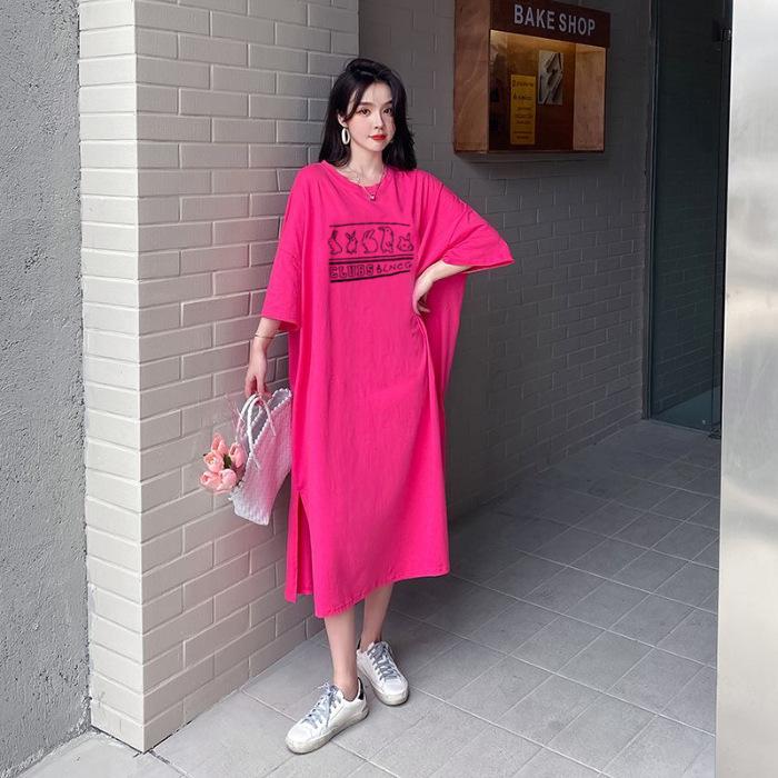 

Short-sleeved T-shirt Skirt, Women s Summer Wear, Loose Long, Oversized Knee-length Dress, Casual Long Skirt 2XL розы красного