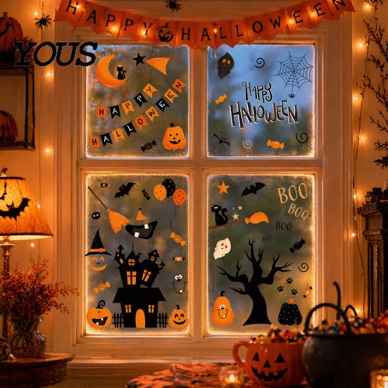 Halloween Bat And Castle Decals 4 Sheets Electrostatic Glass Stickers, Cartoon Pumpkins Bats Window Q-version Decorations PVC Waterproof Static Clings