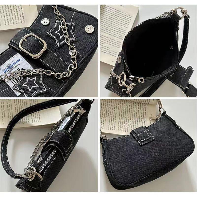 Damenhandtaschen Denim Sterne Muster Cool Girls Y2K Achseltasche Canvas Weiblich Kleine Umhängetaschen Kette Tragetasche