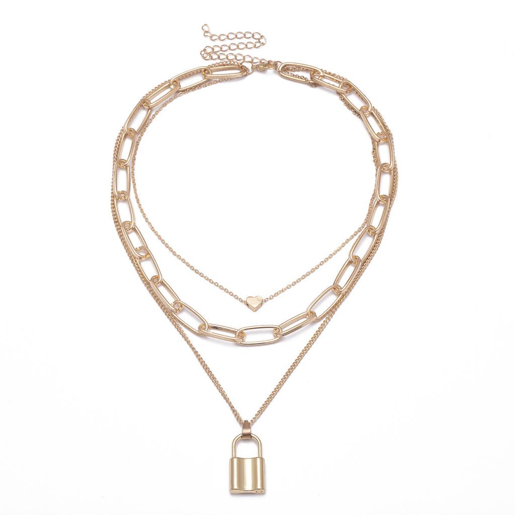 C184 Punk Hip-Hop Thick Chain Necklace for Women Multi-Layer Lock Heart Necklace Sweater Chain