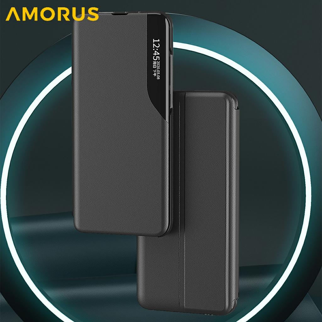 AMORUS For Samsung Galaxy S25 Case View Window Stand PU Leather Phone Cover