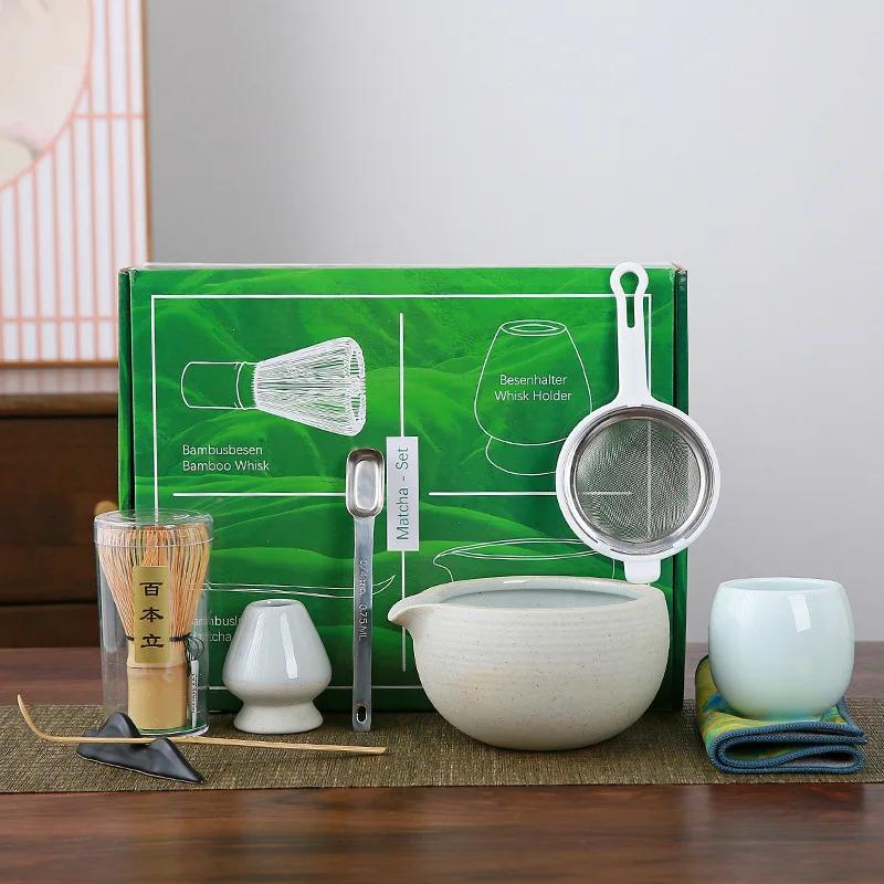 9pcs/set Japanese Ceramic Matcha Gift Box Green Tea Chasen Holder Stand Bowl Bamboo Whisk Grinder Brushes Tea Tools Holder Tea