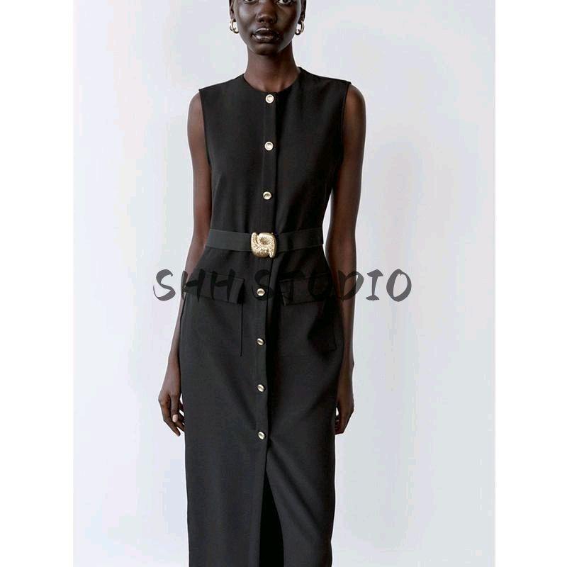 Spring New Women's Clothing Breasted Decoration with Belt Crepe Sleeveless round Neck Midi Skirt Dress 3897054