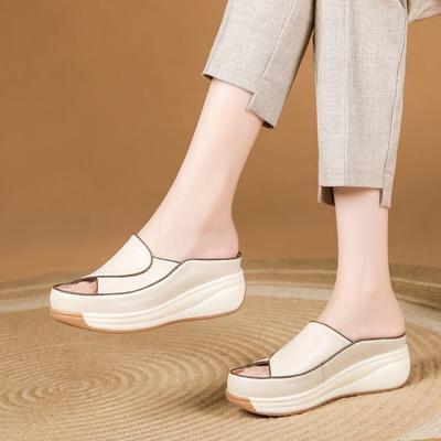 Fish Mouth Leather Surface Half Slippers Women's 2024 New Thick Bottom Heightening Casual Slope Heel Mother Fashion Soft Bottom Cool Slippers