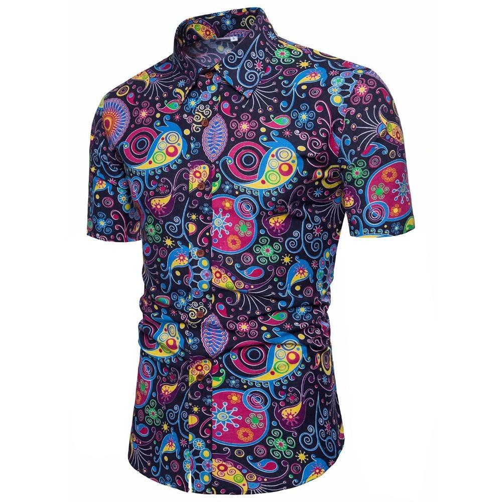 Spring New Mens 70s Disco Party Shirts Casual Paisley Button Down Shirt Vintage Floral Hawaiian Beach Short Sleeve Lapel Shirt