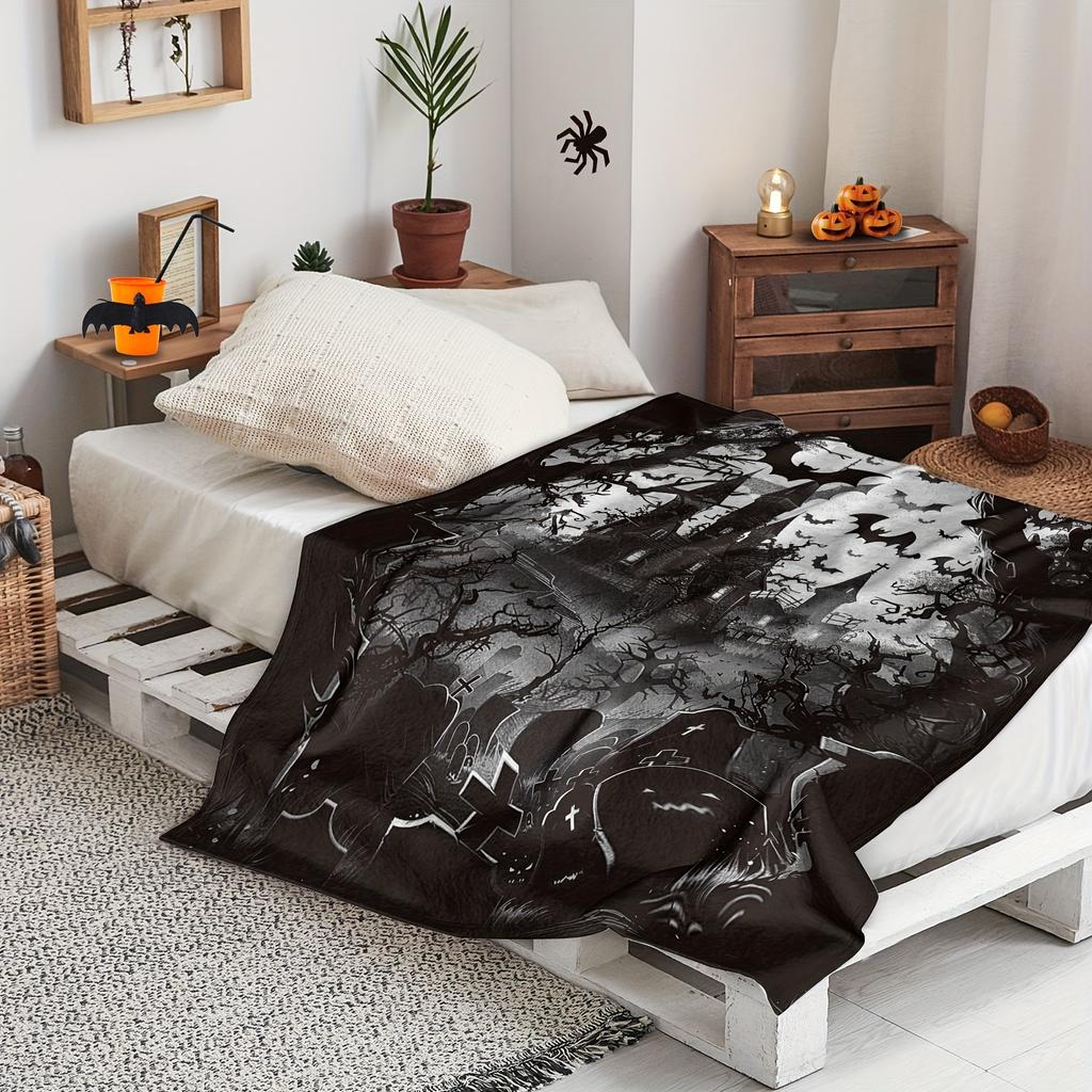 Gothic Halloween Flannel Blanket - Vintage Haunted House & Bats Design, Soft Grey-Black for Sofa/Bed Decor