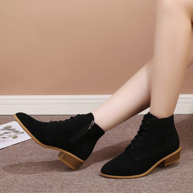 New women's boots autumn and winter small short boots solid color suede pointed lace-up square heel Martin boots