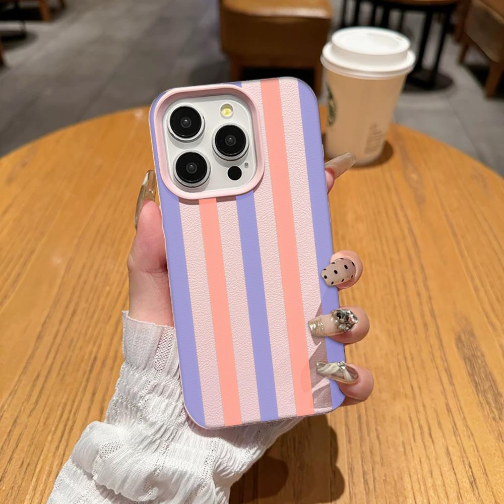 Fashion Two Tone Stripe Phone Case For Iphone 17 Air 16 16e 15 14 11 13 12 Pro Max Aesthetic Shockproof Leather Vintage Cover