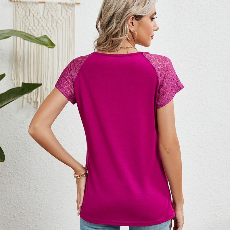 2024 Summer Lace Short Sleeve Loose Blouse for Women Fashion Solid Round Neck Casual Shirt Women Tops Elegant Simple Plus Size Female Blouses 24314