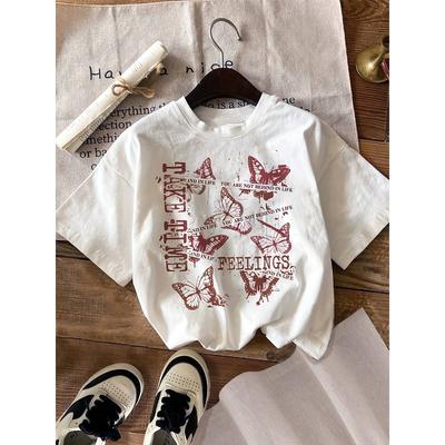 T-shirt con Stampa Grafica, Manica Corta Girocollo Top Casual per Estate e Primavera, Abbigliamento Donna