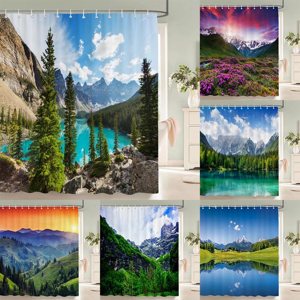 3d Printed Natural Mountains Forest Landscape Shower Curtain Polyester Fabric Waterproof Bathroom Curtains With Hooks 180*180
