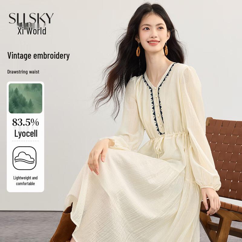 Sllsky Bohemian Embroidered Tencel V-Neck Long Dress M