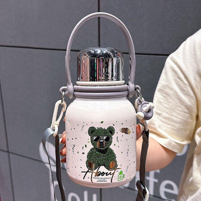 

Trendy Cool Bear Large Capacity Thermos Cup with Tea Strainer Outdoor Sports Cup for Women with Lid for School Student Kettle Green Bear 800ml