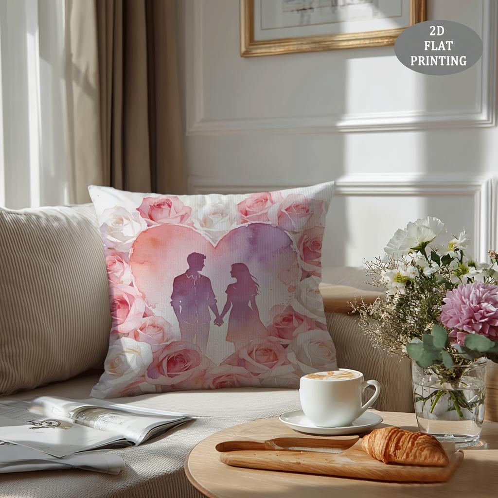 1pc Red Heart-Shaped Petal Pattern Plush Throw Pillow Cover | 2D Flat Printing, Single-Sided, 18x18 inch, Suitable for Sofa and Living Room Decor